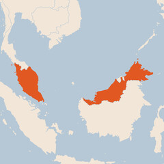 Map of the country of Malaysia highlighted in orange isolated on a beige blue background