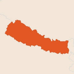 Map of the country of Nepal highlighted in orange isolated on a beige blue background