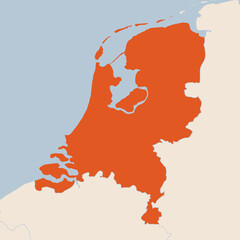 Map of the country of Netherlands highlighted in orange isolated on a beige blue background