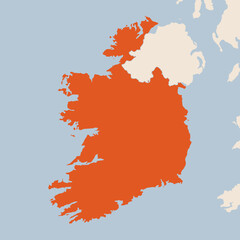 Map of the country of Ireland highlighted in orange isolated on a beige blue background