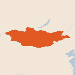 Map of the country of Mongolia with neighbours Orange on Beige wgs highlighted in orange isolated on a beige blue background