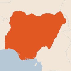 Map of the country of Nigeria highlighted in orange isolated on a beige blue background