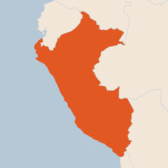 Map of the country of Peru highlighted in orange isolated on a beige blue background