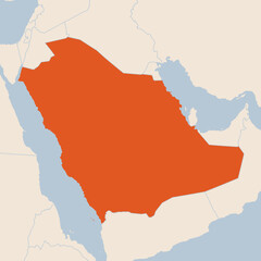 Map of the country of Saudi Arabia highlighted in orange isolated on a beige blue background