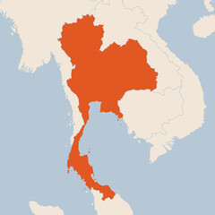 Map of the country of Thailand highlighted in orange isolated on a beige blue background