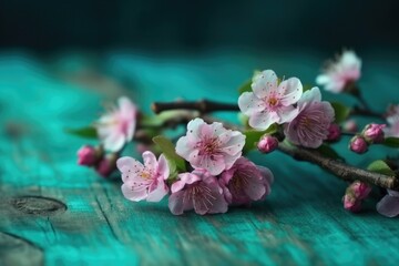Fototapeta na wymiar Beautiful spring floral background. Fresh pink cherry flowers on turquoise vintage wooden background. Ai generative.
