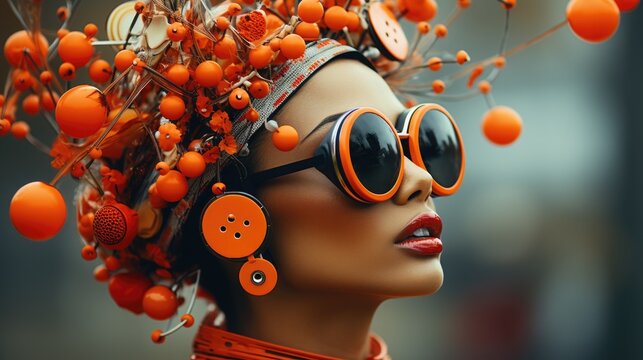 A mannequin wearing sunglasses and a headpiece with orange berries on it. Generative AI image.