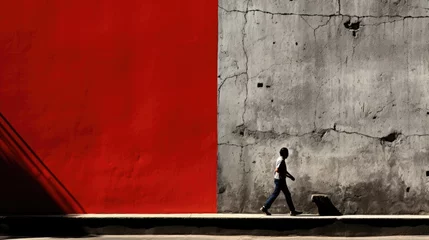 Foto op Canvas A man walking down a sidewalk past a red wall. Generative AI image. © starush