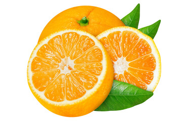 Whole and sliced oranges on an isolated white background.
