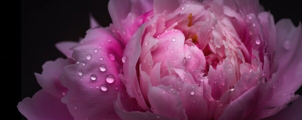 Close up natural banner background with beautiful water drops on a pink and lilac petal peony. Ai generative.