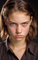 Displeased, angry, frowning serious looking young teenage girl
