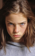 Fototapeta premium Displeased, angry, frowning serious looking young teenage girl