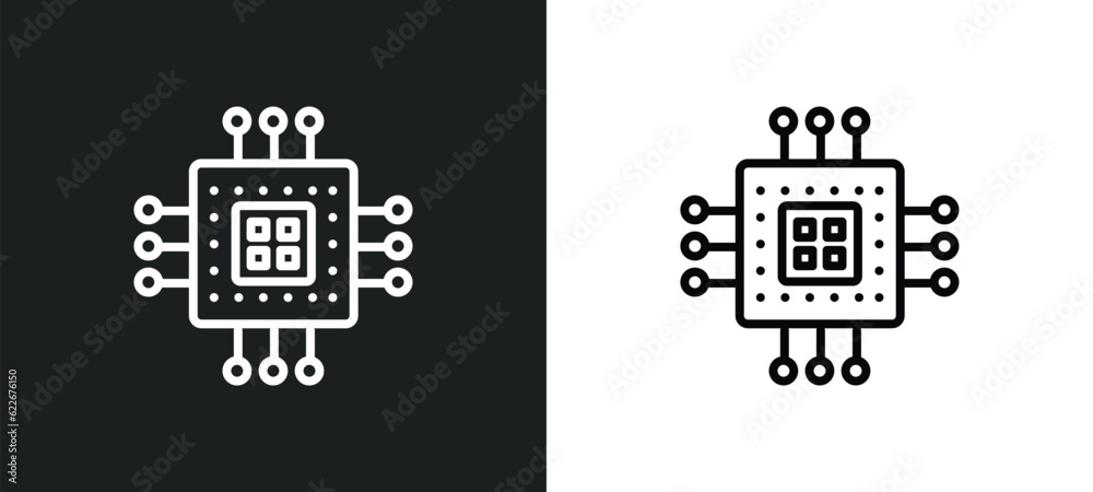 Poster computer microprocessor outline icon in white and black colors. computer microprocessor flat vector 