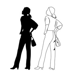 Vector silhouette of woman  standing with a bag, profile, linear sketch,  business people, black color,  isolated on white background