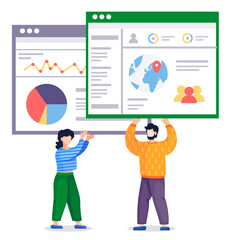 Man and woman holding two web pages in hands. Coders or programmers created working at website. Concept of technical support of site. Cartoon characters in vector style isolated at white background