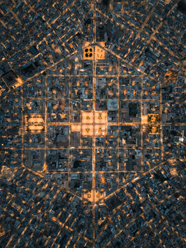 Panoramic aerial view of the hexagon map of Avola, Sicily, Italy.