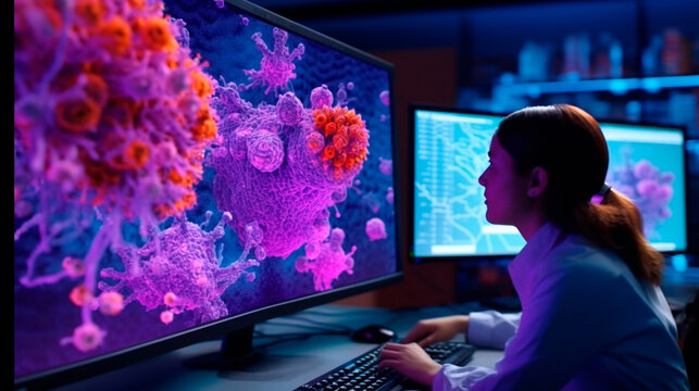 Scientist Analyzing 3D Protein Structure Model. Generative AI.