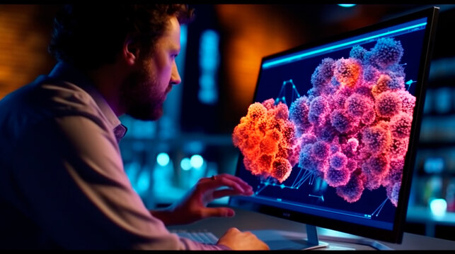 Researcher Investigating Protein Structure with 3D Model. Generative AI.