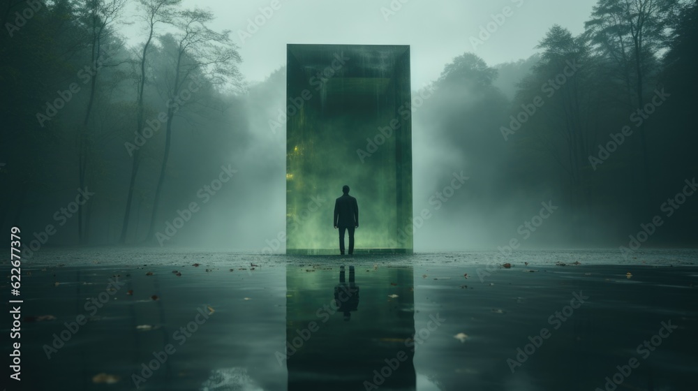 Wall mural a person standing in front of a glass structure. generative ai image.