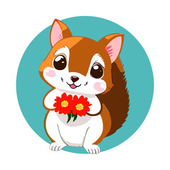 Hand drawn cute squirrel with flowers in cartoon style. Isolated design element on decorative background. Vector illustration. Design of stickers, logo, cover, greeting card, children book. 