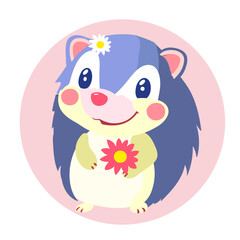Hand drawn cute hedgehog in cartoon style. Isolated design element on decorative background. Vector illustration. Design of stickers, logo, cover, greeting card, children book. 