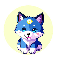 Obraz premium Hand drawn cute baby wolf cub in cartoon style. Isolated design element on decorative background. Vector illustration. Design of stickers, logo, cover, greeting card, children book. 