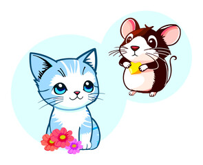 Hand drawn cute mouse and kitten in cartoon style. Isolated design element on decorative background. Vector illustration. Design of stickers, logo, cover, greeting card, children book. 
