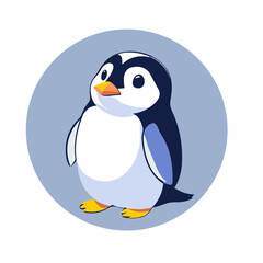 Hand drawn cute penguin in cartoon style. Isolated design element on decorative background. Vector illustration. Design of stickers, logo, cover, greeting card, children book. 