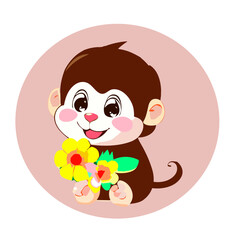 Hand drawn cute monkey in cartoon style. Isolated design element on decorative background. Vector illustration. Design of stickers, logo, cover, greeting card, children book. 