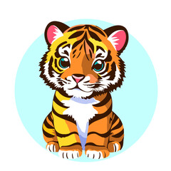 Hand drawn cute tiger cub in cartoon style. Isolated design element on decorative background. Vector illustration. Design of stickers, logo, cover, greeting card, children book. 