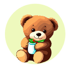 Hand drawn cute teddy bear in cartoon style. Isolated design element on decorative background. Vector illustration. Design of stickers, logo, cover, greeting card, children book. 