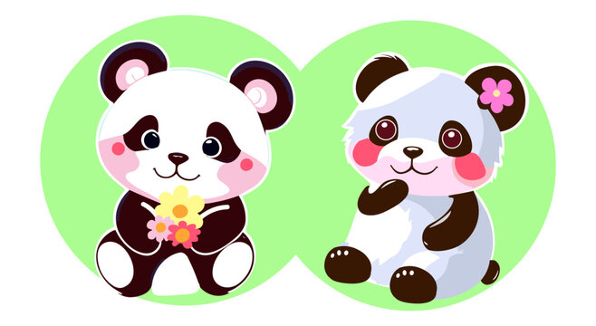 Hand drawn two cute panda bears cartoon style. Isolated design element on decorative background. Vector illustration. Sticker design, logo, cover, greeting card, children book. 