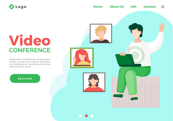 Video conference. People group on computer screen taking with colleague. Video conferencing and online communication vector concept. Illustration of communication screen conference webpage template