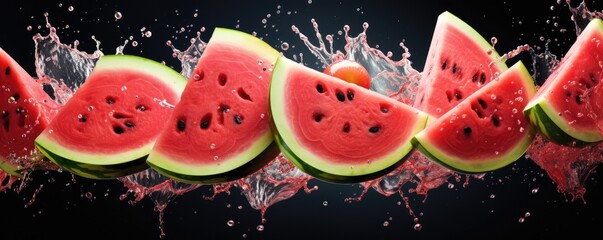 Fototapeta na wymiar Slides fresh of watermelon on dark background with water drops, summer panorama. Generative Ai.