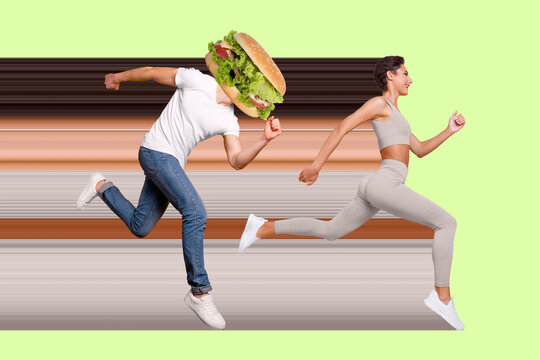 Artwork poster banner collage of two people fit lady escape from unhealthy eating guy with burger face healthy lifestyle