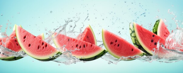 Obraz na płótnie Canvas Slides fresh of watermelon on light blue background with water drops, summer panorama. Generative Ai.