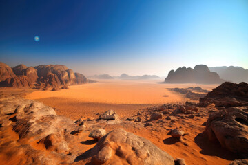 Fototapeta premium Landscape on planet Mars, scenic desert scene on the red planet. Generative AI