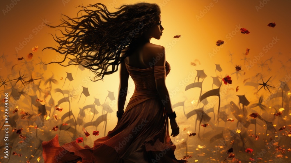 Poster a woman in a long dress walking through a field of flowers. generative ai image.