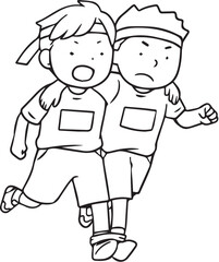 二人三脚する男の子線画
