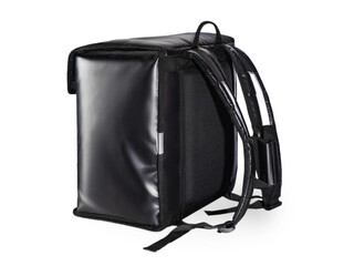 Black refrigerator bag for food delivery or for trip to nature and tourism on white or invisible background. Thermo bag that keeps food from spoiling. Courier bag, png