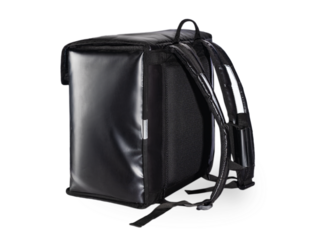Black refrigerator bag for food delivery or for trip to nature and tourism on white or invisible background. Thermo bag that keeps food from spoiling. Courier bag, png