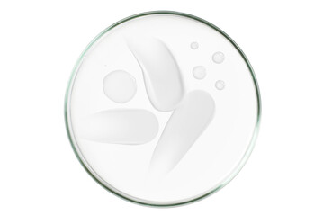 Petri dish isolated on empty background. A smear of cosmetic cream in a Petri dish.