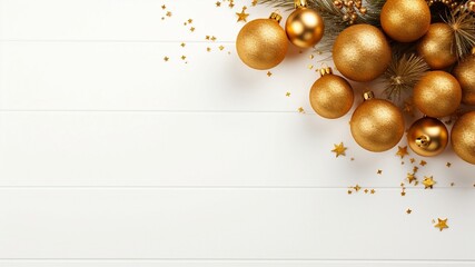 Obraz premium Golden Christmas balls on white background. New Year festive backdrop. Top view. Generative AI