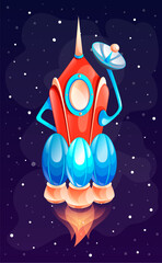 Colorful spaceship or rocket in space. Concept of space icon for computer game. Space elements. Galaxy theme. Satellite with a digital plates and fire. Vector illustration in cartoon style