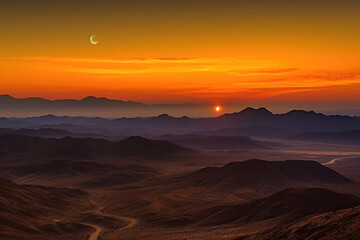 Obraz premium Landscapes with silhouettes of mountains at sunset. Generative AI