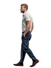 Side view of an Isolated handsome young man wearing a shite shirt and chino trousers, walking,  cutout on transparent background, ready for architectural visualisation.