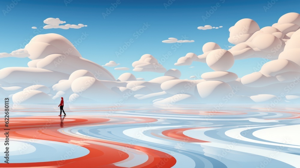 Wall mural a person walking across a red and white field. generative ai image.