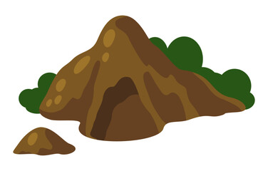 Cave in the mountain flat vector illustration. High stone mountain green bushes grow around. Tourist excursion site, landscape attraction. Rocky elevation above the ground from stones and soil