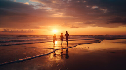 Silhouettes of three people, mesmerized by the setting sun, standing by the sea, as the waves roll towards the horizon, creating a breathtaking sight