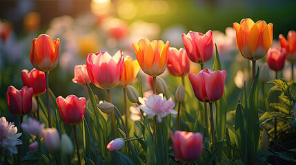 In the sunlit garden, tulips bloom gracefully, painting nature's canvas with vibrant hues